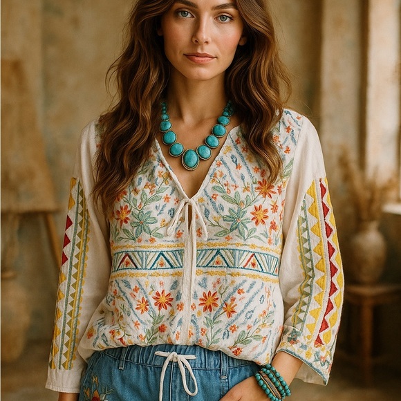 Johnny Was Tops - Johnny Was Ezra Embroidered Blouse NWT